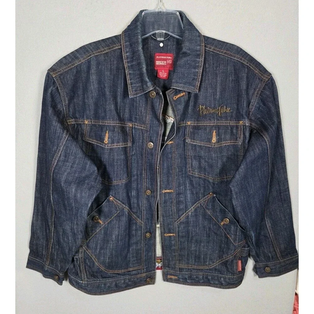 Vtg Platinum FUBU Jacket Mens L Blue Denim Fat Albert Graphic Hip Hop Y2K